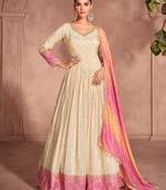 Cream & pink embroidery sequence zari work viscose simar jacquard anarkali suits ( full-stitched free size )