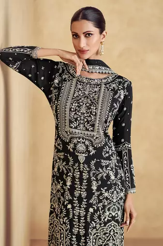 Black embroidery sequence work chinon salwar kameez ( full-stitched free size )