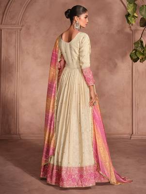 Cream & pink embroidery sequence zari work viscose simar jacquard anarkali suits ( full-stitched free size ) 3