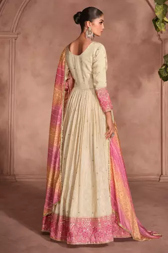 Cream & pink embroidery sequence zari work viscose simar jacquard anarkali suits ( full-stitched free size )