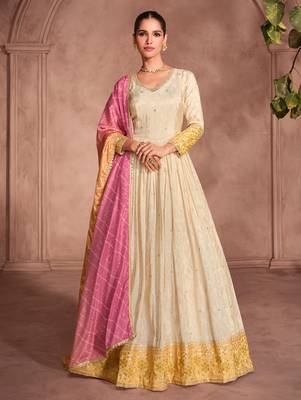 Cream & yellow embroidery sequence zari work viscose simar jacquard anarkali suits ( full-stitched free size ) 1
