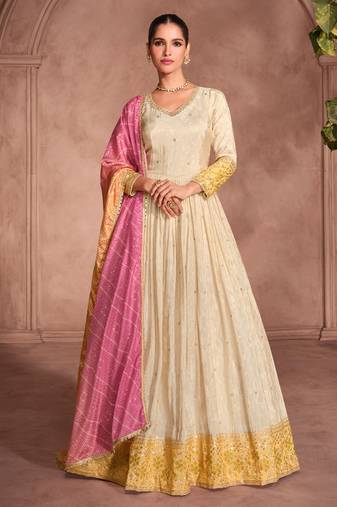 Cream & yellow embroidery sequence zari work viscose simar jacquard anarkali suits ( full-stitched free size )