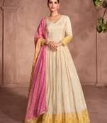 Cream & yellow embroidery sequence zari work viscose simar jacquard anarkali suits ( full-stitched free size )
