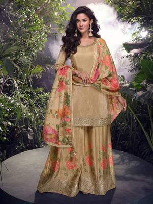 Chiku embroidery zari sequence mirror work chinon palazzo suits ( full-stitched free size ) 1