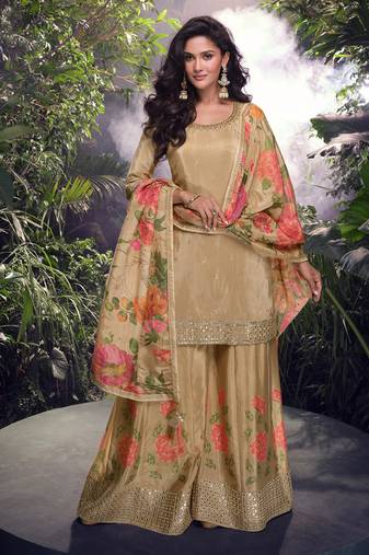Chiku embroidery zari sequence mirror work chinon palazzo suits ( full-stitched free size )