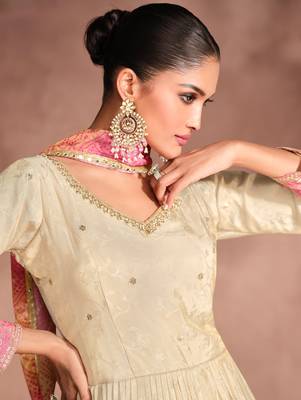 Cream & pink embroidery sequence zari work viscose simar jacquard anarkali suits ( full-stitched free size ) 4