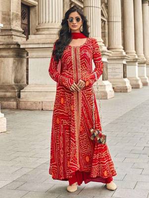 Red embroidery & mirror sequence work georgette palazzo suits ( full-stitched free size ) 1