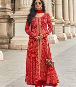 Red embroidery & mirror sequence work georgette palazzo suits ( full-stitched free size )