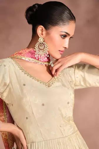 Cream & pink embroidery sequence zari work viscose simar jacquard anarkali suits ( full-stitched free size )