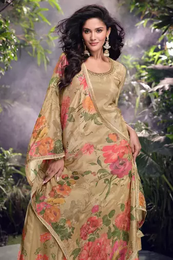 Chiku embroidery zari sequence mirror work chinon palazzo suits ( full-stitched free size )