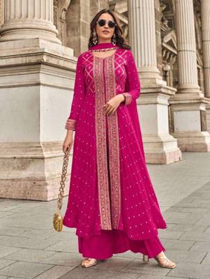 Pink embroidery & mirror sequence work muslin jacquard palazzo suits ( full-stitched free size ) 1