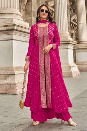 Pink embroidery & mirror sequence work muslin jacquard palazzo suits ( full-stitched free size )
