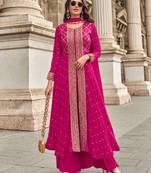 Pink embroidery & mirror sequence work muslin jacquard palazzo suits ( full-stitched free size )