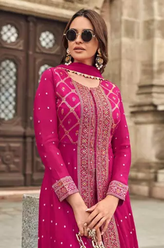 Pink embroidery & mirror sequence work muslin jacquard palazzo suits ( full-stitched free size )