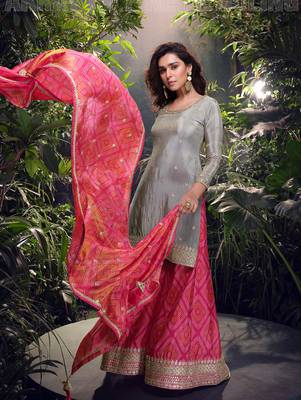 Grey pink embroidery & sequence work simar palazzo suits ( full-stitched free size ) 1