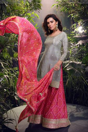 Grey pink embroidery & sequence work simar palazzo suits ( full-stitched free size )