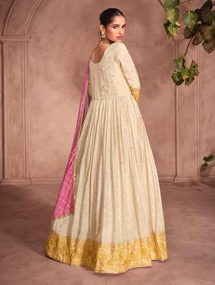 Cream & yellow embroidery sequence zari work viscose simar jacquard anarkali suits ( full-stitched free size ) 3