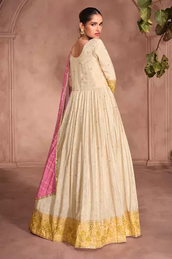 Cream & yellow embroidery sequence zari work viscose simar jacquard anarkali suits ( full-stitched free size )