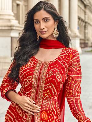 Red embroidery & mirror sequence work georgette palazzo suits ( full-stitched free size ) 4
