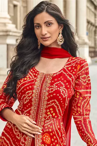 Red embroidery & mirror sequence work georgette palazzo suits ( full-stitched free size )