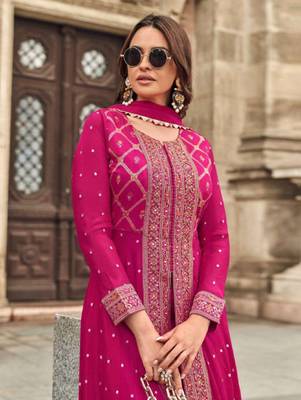 Pink embroidery & mirror sequence work muslin jacquard palazzo suits ( full-stitched free size ) 3