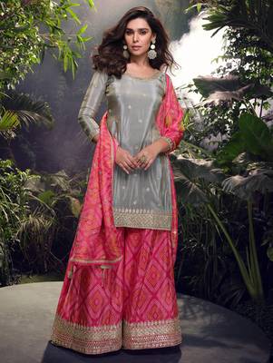 Grey pink embroidery & sequence work simar palazzo suits ( full-stitched free size ) 2