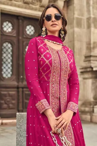 Pink embroidery & mirror sequence work muslin jacquard palazzo suits ( full-stitched free size )