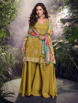 Mustard mehndi embroidery & sequence work simar palazzo suits ( full-stitched free size ) 1