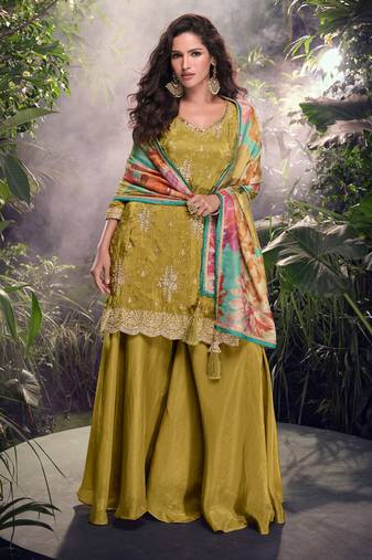 Mustard mehndi embroidery & sequence work simar palazzo suits ( full-stitched free size )