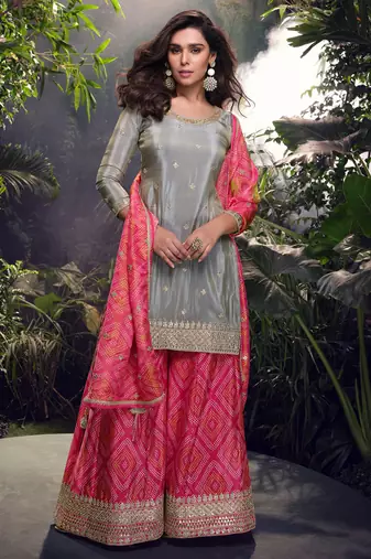 Grey pink embroidery & sequence work simar palazzo suits ( full-stitched free size )