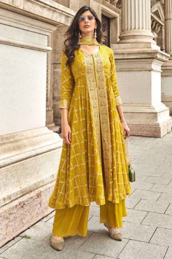 Pink embroidery & mirror sequence work muslin jacquard palazzo suits ( full-stitched free size )