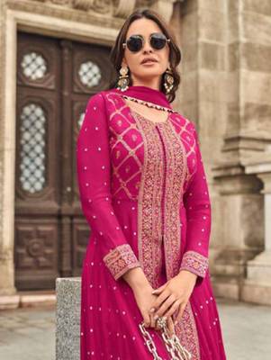 Pink embroidery & mirror sequence work muslin jacquard palazzo suits ( full-stitched free size ) 5