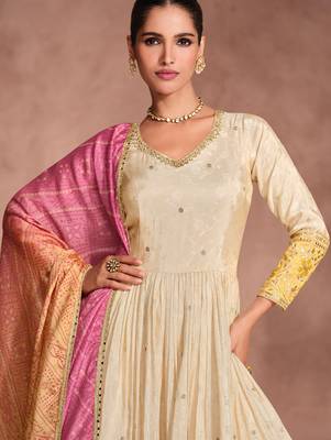 Cream & yellow embroidery sequence zari work viscose simar jacquard anarkali suits ( full-stitched free size ) 5