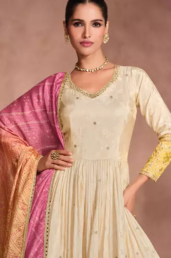 Cream & yellow embroidery sequence zari work viscose simar jacquard anarkali suits ( full-stitched free size )