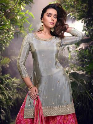 Grey pink embroidery & sequence work simar palazzo suits ( full-stitched free size ) 4