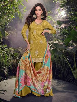 Mustard mehndi embroidery & sequence work simar palazzo suits ( full-stitched free size ) 3