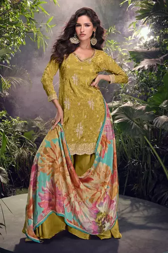 Mustard mehndi embroidery & sequence work simar palazzo suits ( full-stitched free size )
