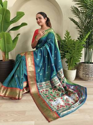 Teal Paithani Weaving Saree 3
