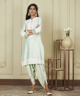 Ayika frosty green short kurta with dhoti set 1