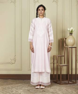 Banafsha pearl blush long kurta with palazzo set 1