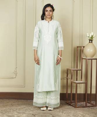 Bahareh frosty green long kurta with palazzo set 1