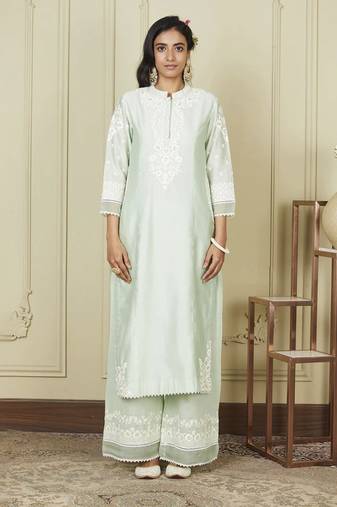 Bahareh frosty green long kurta with palazzo set