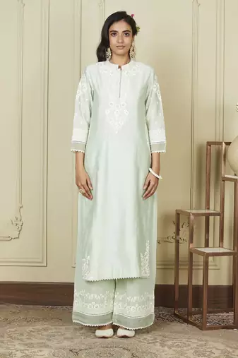 Bahareh frosty green long kurta with palazzo set