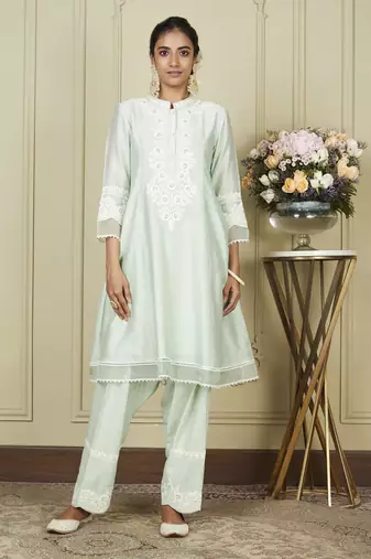 Ryhana frosty green a-line short kurta with salwar and dupatta set