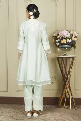 Ryhana frosty green a-line short kurta with salwar and dupatta set