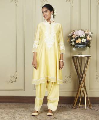 Ryhana lemon yellow a-line short kurta with salwar and dupatta set 1