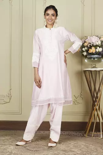 Ryhana pearl blush a-line short kurta with salwar and dupatta set
