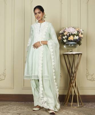 Ruzena frosty green a-line short kurta with salwar and dupatta set 1