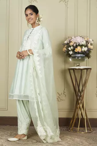 Ruzena frosty green a-line short kurta with salwar and dupatta set
