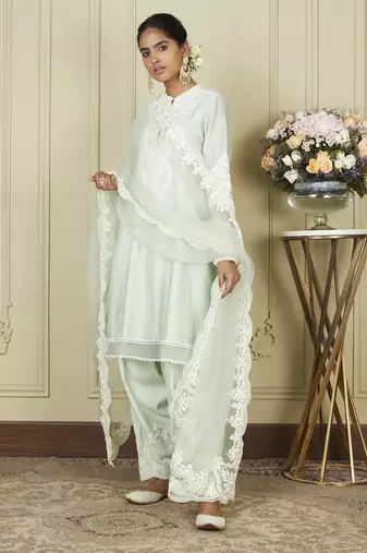 Ruzena frosty green a-line short kurta with salwar and dupatta set